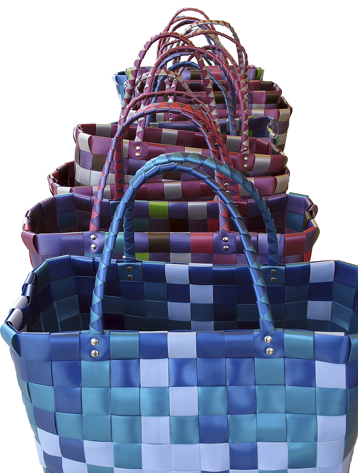 bag, basket, woven, in a row, colorful, isolated, wicker