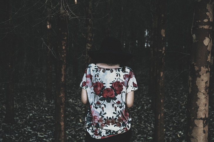back view, woman, figure, woods, hipster, scene, girl
