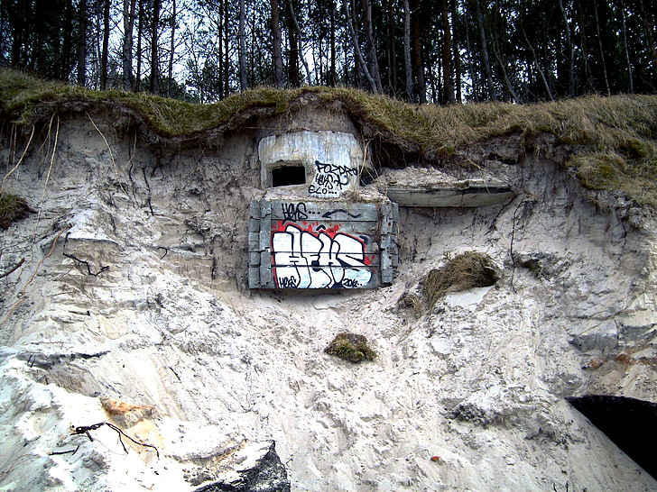 dunes, paysage, Bunker, vieux, Graffity, à la mer Baltique