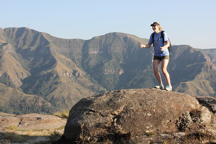 Drakensberg, senderismo, feliz, mujer, Turismo, viajero, colina