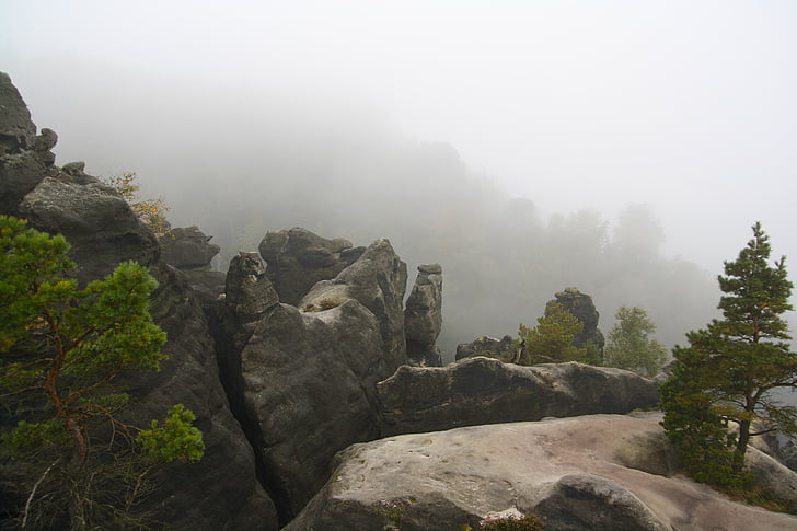 switzerland, mountains, sky, fog, foggy, rocks, boulders