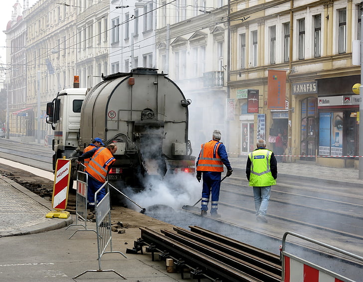 сайт, Прага, строителни работници, пара, камион, изглеждаше, асфалт