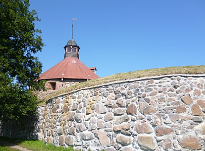 Priozersk, Fortaleza, Torre, parede de pedra, alvenaria de pedra, Rampart, Museu
