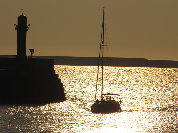 barco, veleiro, Porto, farol, pôr do sol, mar