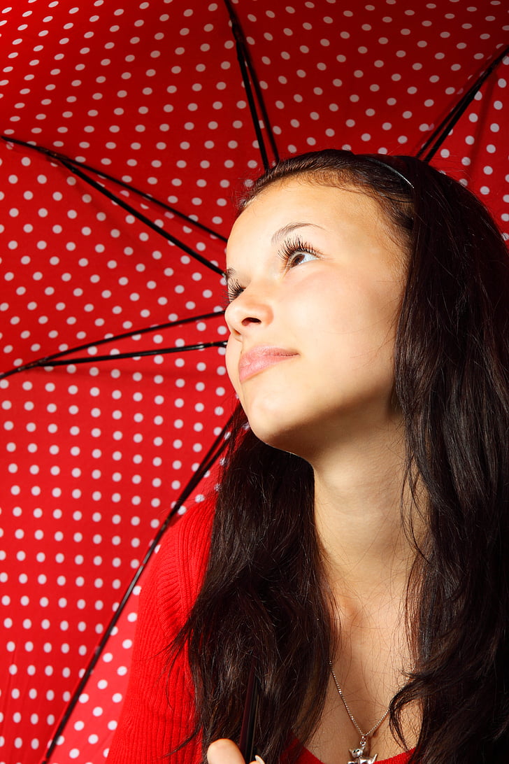 Weiblich, Mädchen, Modell, Polka dots, rot, Regenschirm, Frau