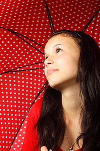 female, girl, model, polka dots, red, umbrella, woman