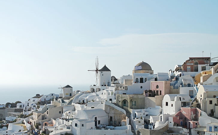 blue, sky, greece, flag, greek, buildings, island