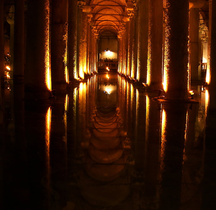 jeskyně, sloupovitý, zrcadlení, Turecko, Istanbul, cisterny, Medusa cisterny