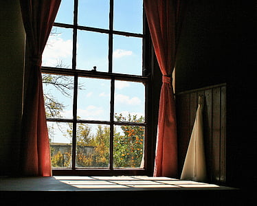 ventana de la casa de campo, ventana, marco de la, cortinas, guinga, rojo, Blanco