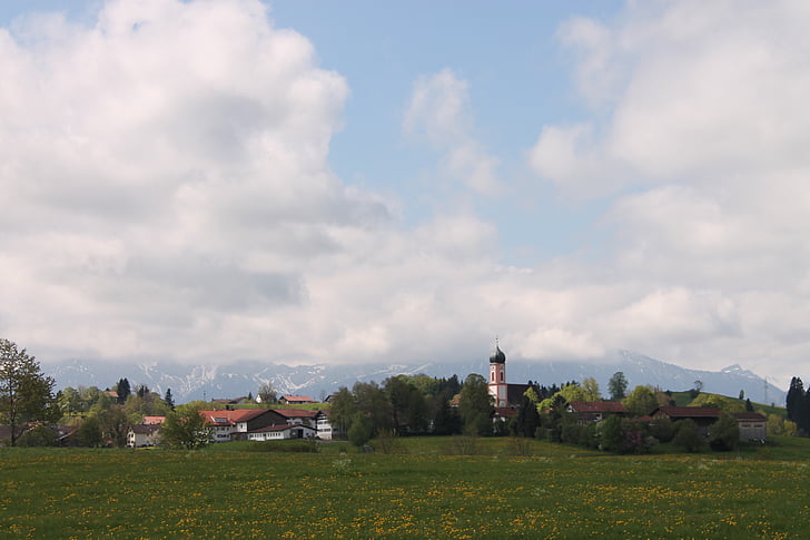 Villaggio, alpino, panorama alpino in primavera, Chiesa del villaggio, primavera