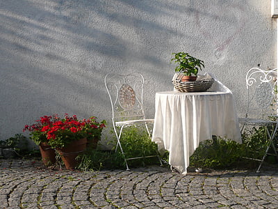 tabel, scaune, în afara, alb, decor, floare