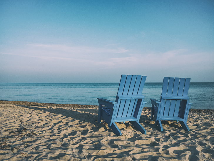 two, blue, wooden, adirondack, chairs, seashore, beach