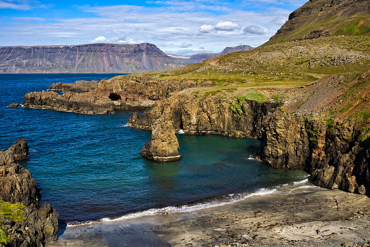 illa, Islàndia, escèniques, paisatge, Costa, Mar, cel