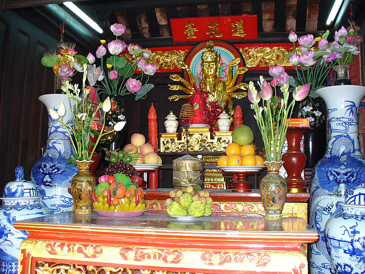 Vietnam, templom, oltár, ajánlatok, lelki, buddhizmus, vallás