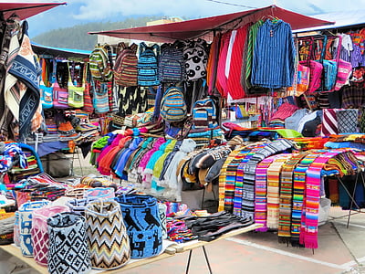 Ecuador, Otavalo, mercado, tela, étnico, tradicional, artesanías