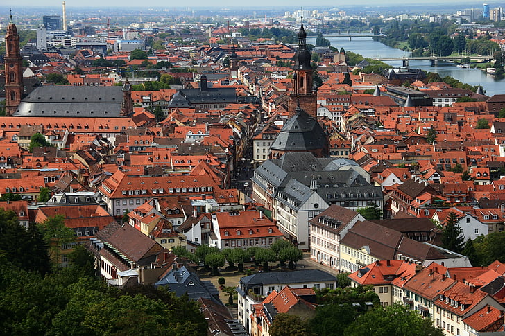 покривите, червен, Въздушна снимка, Хайделберг, Германия, градски пейзаж, Туризъм