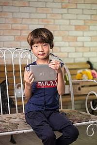 Koreaans, kind, apparaat, Tablet PC, hoofdtelefoon, oordopjes, oortelefoon