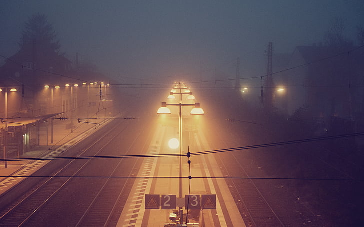 vazio, rua, luzes, à noite, tempo, escuro, névoa