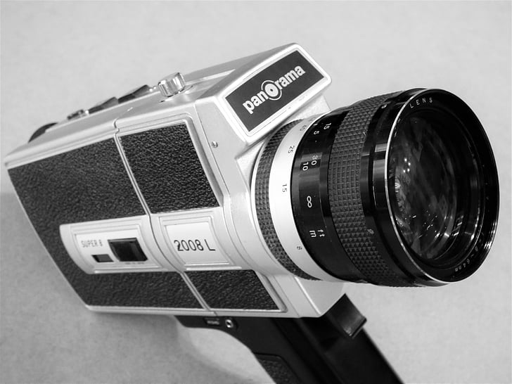 câmera, câmeras cinematográficas, Super8, Panorama, velho, filme, preto e branco