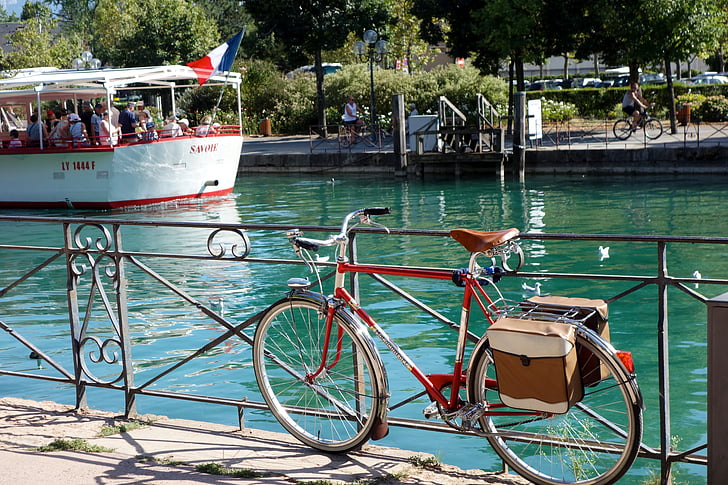 Frankrike, cykel, båt, floden, Annecy, strandpromenaden, solen