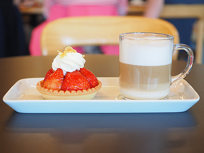 甜点, 咖啡, 草莓蛋糕, 奶油, 甜味的碟子, 受益于, 咖啡党