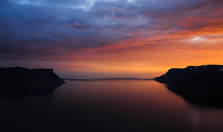 Západ slunce, východ slunce, voda, oceán, útesy, scenérie, krajina