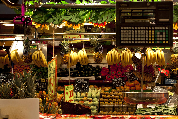 mercato, diffusione, frutta, verdure, banane, ananas
