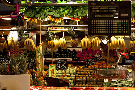 市場, スプレッド, フルーツ, 野菜, バナナ, パイナップル