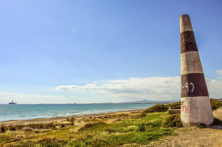 cone, delimited, sign, concrete, beach, landscape, boundary