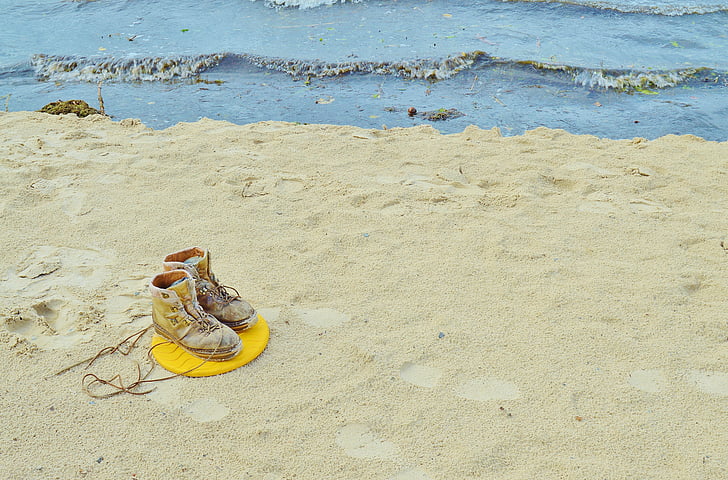 stranden, Sand, skor, vrakgods, fot-pure, ensam