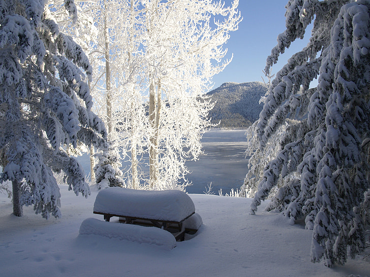 Canim ežeras, Cariboo, Britų Kolumbija, Kanada, žiemą, gilus sniegas, šaldymo