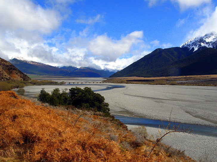 ieleja, kalns, Jaunzēlande, upes, daba, ainava, ceļojumi