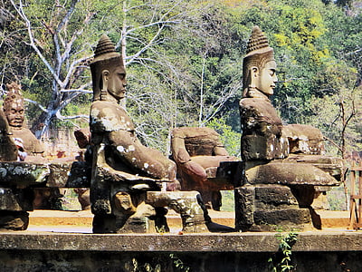 cambodia, angkor, guards, bayon, temple, statues, archaeology