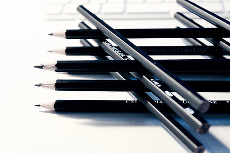 stapel, zwart, potloden, toetsenbord, schrijven, tekening, creatieve