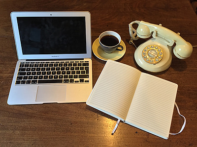 laptop, régi telefon, telefon, Vintage, notebook, íróasztal, üzleti