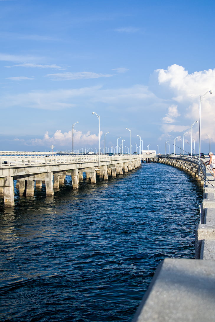 bridge, sky, pier, fishing, water, architecture, light