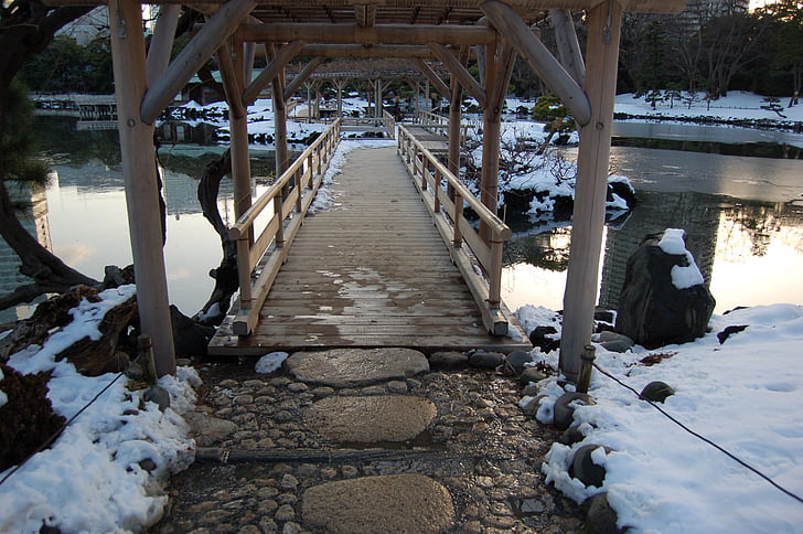 Japonia, gradina, zăpadă, iarna, Podul, natura