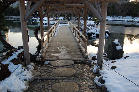 Япония, Сад, снег, Зима, мост, Природа