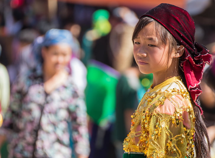 Tyttö, nuori, Vietnam, etninen, vähemmistö, Dong van, Bazaar