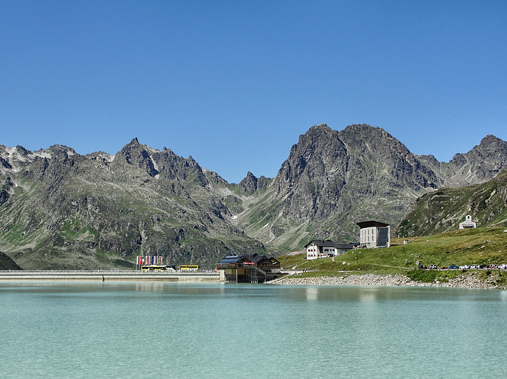 austria, lake, river, water, reflections, dam, mountains