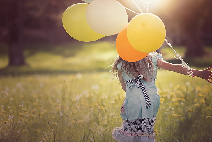 person, human, female, girl, balloons, meadow, nature