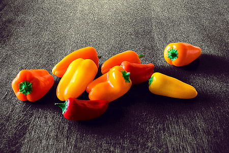 Peppers, grönsaker, röd, gul, Orange, mat, friska