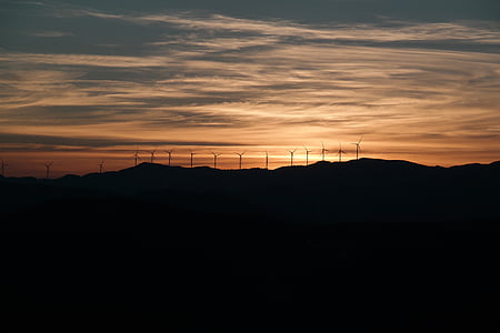 windpark, windmolen, rode wolk, hemel