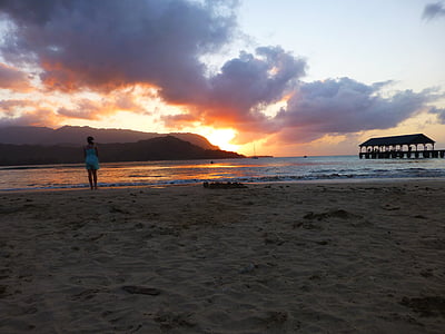 Kauai, Hawaii, plage, sable, coucher de soleil, nuages, soleil couchant