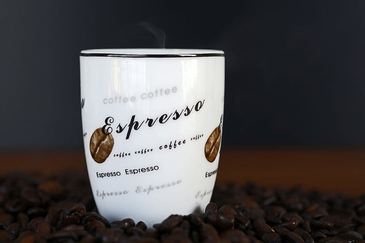 cafè exprés, espressotasse, bon dia, descans, marró, grans de cafè, Copa