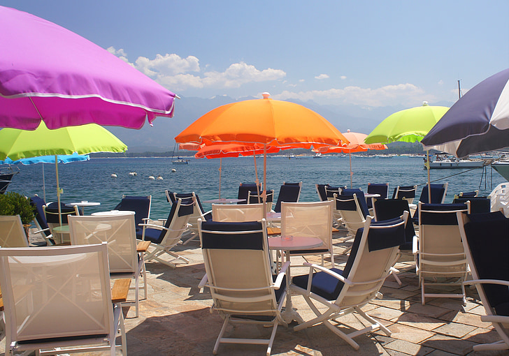 sun, beach chair, colors, blue, air, sea