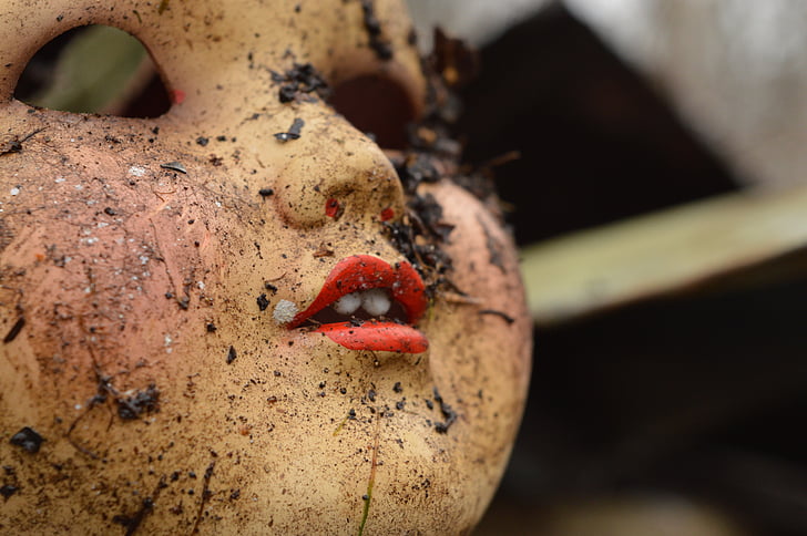 doll, dirt, lips, old, antique, food, close-up