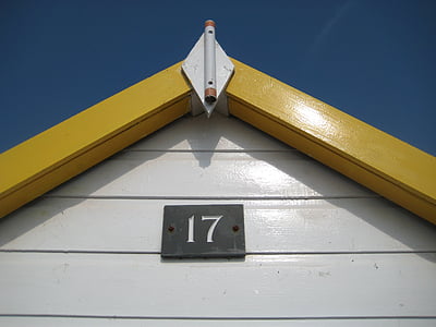 Beach hut, tengerparti, 17, Devon, Holiday, nyári, kék ég