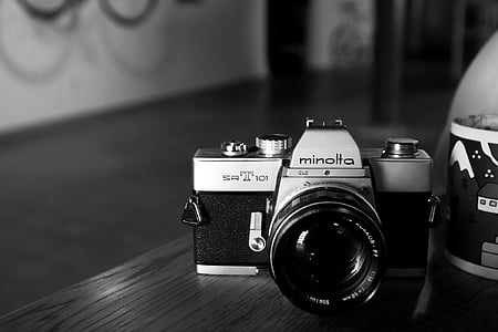 fekete-fehér, kamera, klasszikus, lencse, Minolta, Vintage, kamera - fényképészeti felszerelések