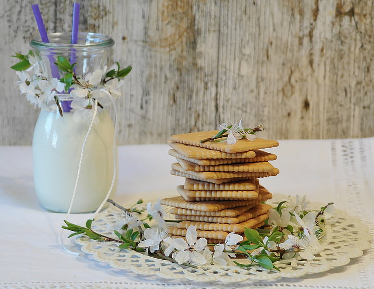cookies, butter biscuits, glass, milk, glass of milk, flower, blossom